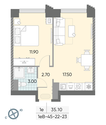 Продажа 1-комнатной квартиры 35,1 м², 22/58 этаж