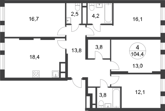 104,4 м², 4-комн. квартира, 13/17 этаж