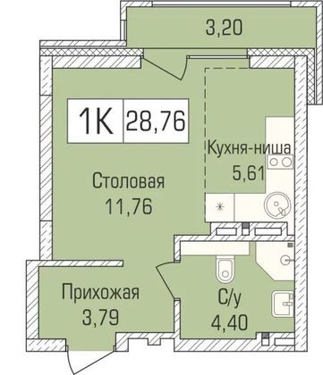 28,6 м², 1-комн. квартира, 9/9 этаж