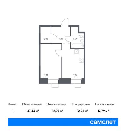 37,4 м², 1-комн. квартира, 12/23 этаж