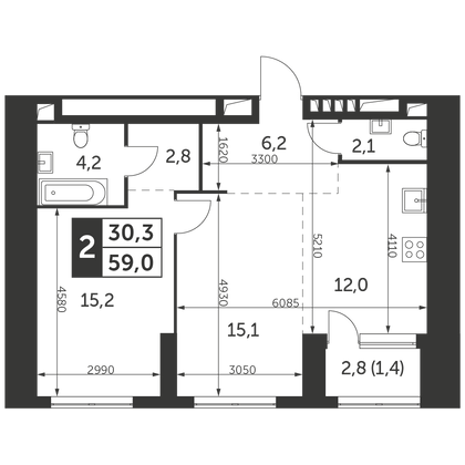 59 м², 2-комн. квартира, 9/47 этаж