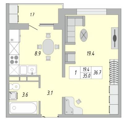 Продажа 1-комнатной квартиры 37 м², 7/19 этаж