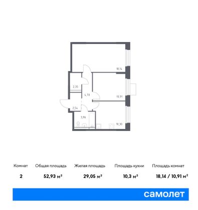 52,9 м², 2-комн. квартира, 6/15 этаж