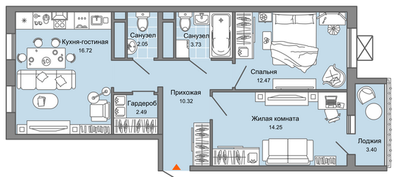 64 м², 3-комн. квартира, 2/9 этаж