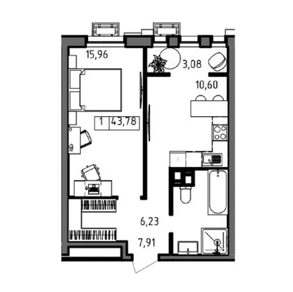Продажа 1-комнатной квартиры 43,8 м², 2/23 этаж