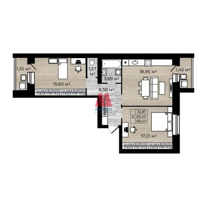 Продажа 2-комнатной квартиры 68,4 м², 2/5 этаж