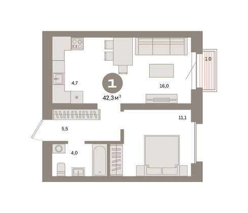 Продажа 1-комнатной квартиры 42,3 м², 12/24 этаж