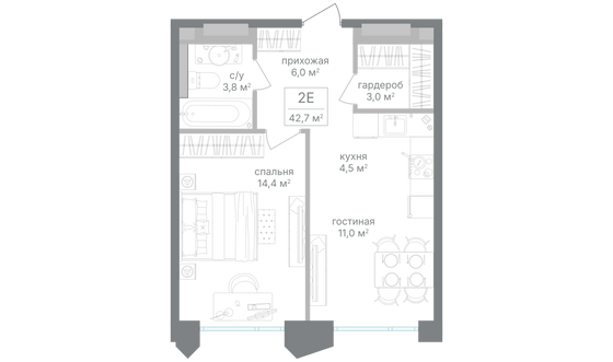 Продажа 1-комнатной квартиры 42,7 м², 8/17 этаж