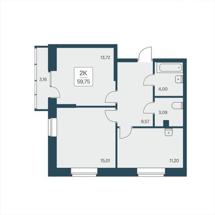 59,8 м², 2-комн. квартира, 1/25 этаж