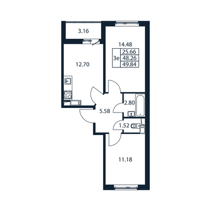 49,8 м², 2-комн. квартира, 5/12 этаж