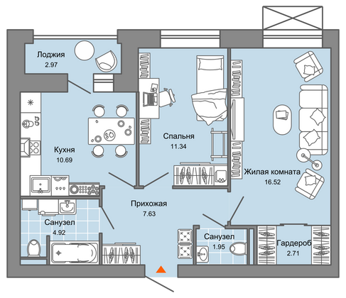 57 м², 2-комн. квартира, 6/8 этаж