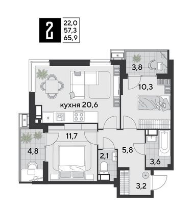 Продажа 2-комнатной квартиры 65,9 м², 12/18 этаж