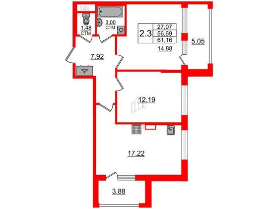 Продажа 2-комнатной квартиры 56,7 м², 3/4 этаж