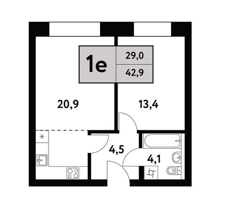 42,9 м², 2-комн. квартира, 10/35 этаж