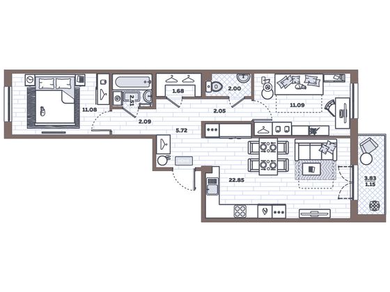 62,2 м², 2-комн. квартира, 1/12 этаж