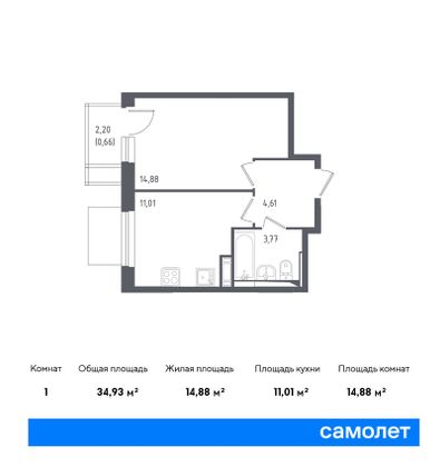 34,9 м², 1-комн. квартира, 11/12 этаж