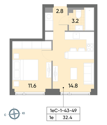 32,4 м², 1-комн. квартира, 48/52 этаж