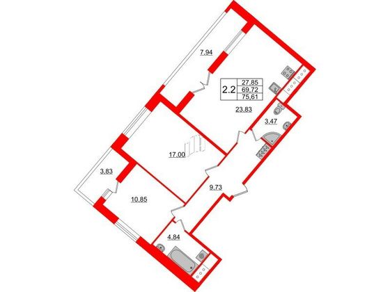 Продажа 2-комнатной квартиры 69,7 м², 12/18 этаж