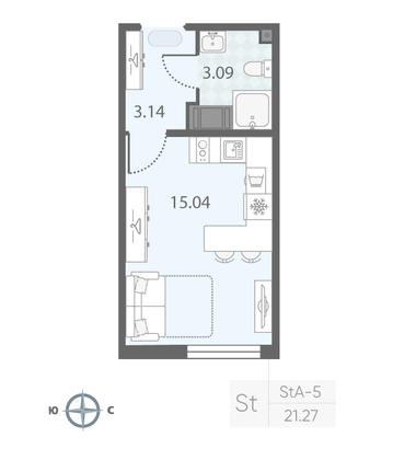 Продажа квартиры-студии 21,3 м², 13/23 этаж