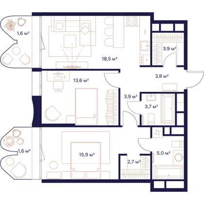 74,2 м², 2-комн. квартира, 19/23 этаж