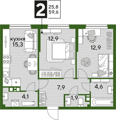 Продажа 2-комнатной квартиры 59,6 м², 9/16 этаж