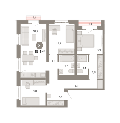 Продажа 3-комнатной квартиры 83,3 м², 3/16 этаж