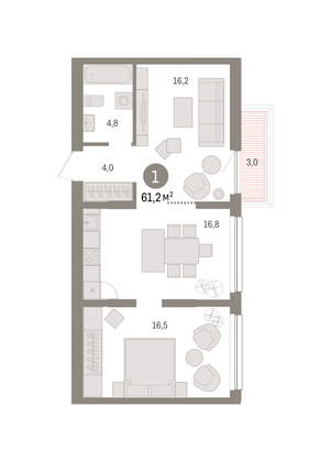 Продажа 1-комнатной квартиры 61,2 м², 3/8 этаж