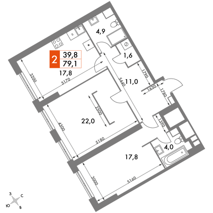 79,1 м², 3-комн. квартира, 39/47 этаж