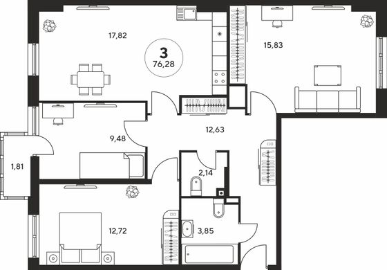 75,9 м², 3-комн. квартира, 8 этаж