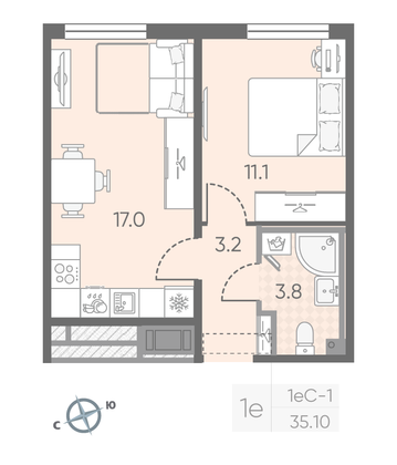 Продажа 1-комнатной квартиры 35,1 м², 20/25 этаж