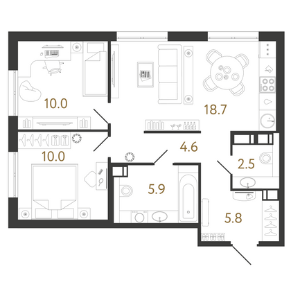 57,5 м², 2-комн. квартира, 6/16 этаж