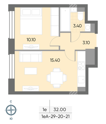 Продажа 1-комнатной квартиры 32 м², 20/30 этаж