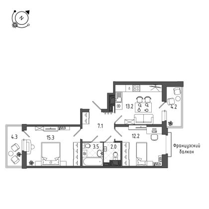 57,6 м², 2-комн. квартира, 5/8 этаж