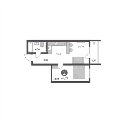 46,6 м², 2-комн. квартира, 8/17 этаж