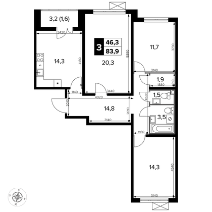 83,9 м², 3-комн. квартира, 15/22 этаж