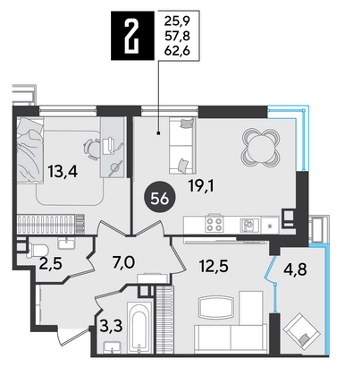 Продажа 2-комнатной квартиры 62,6 м², 8/9 этаж