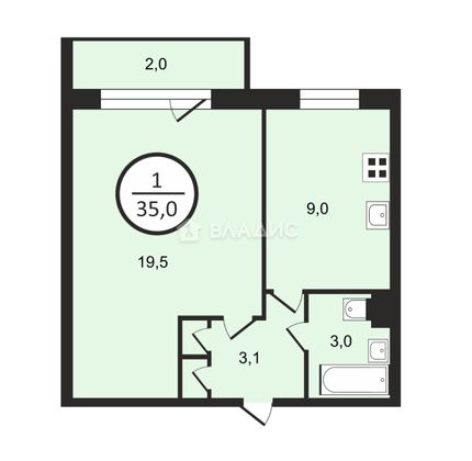 Продажа 1-комнатной квартиры 35 м², 3/9 этаж
