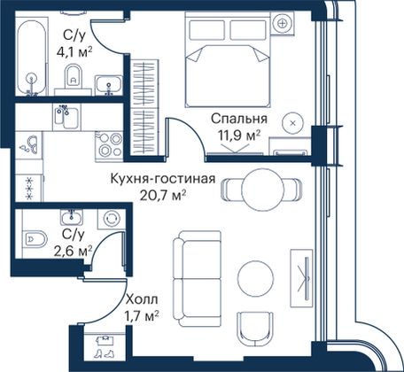 Продажа 1-комнатной квартиры 41 м², 36/53 этаж