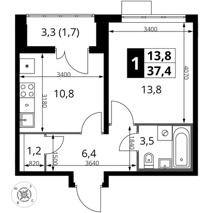 37,4 м², 1-комн. квартира, 5/22 этаж