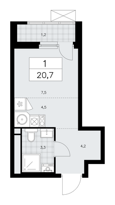 20,7 м², своб. планировка, 13/16 этаж