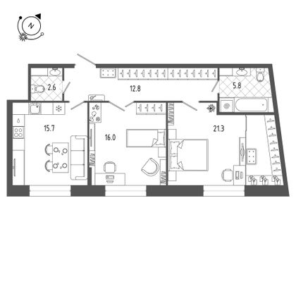 74,1 м², 2-комн. квартира, 2/18 этаж