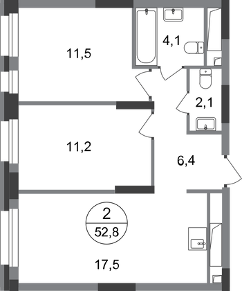 52,8 м², 2-комн. квартира, 17/20 этаж