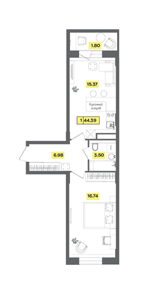 44,4 м², 2-комн. квартира, 7 этаж