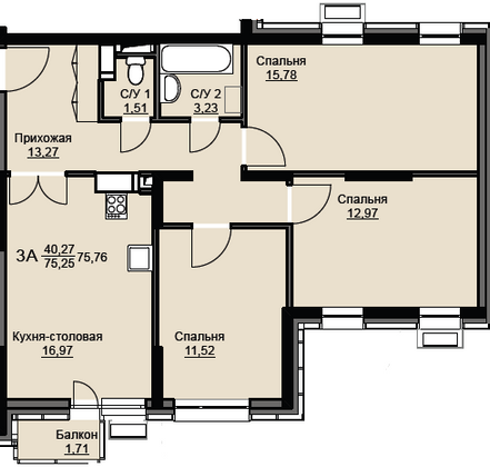 Продажа 3-комнатной квартиры 75,8 м², 4/17 этаж