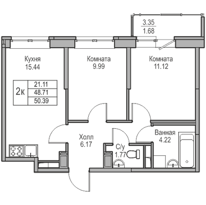 48,7 м², 2-комн. квартира, 3/23 этаж