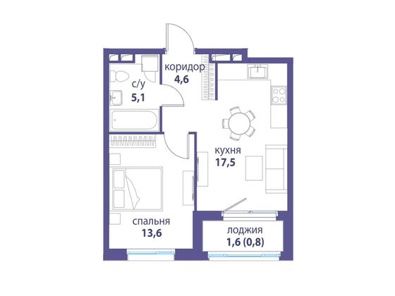 Продажа 1-комнатной квартиры 41,6 м², 4/25 этаж