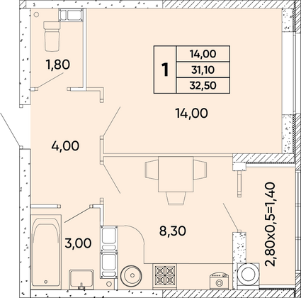 32,5 м², 1-комн. квартира, 5/9 этаж