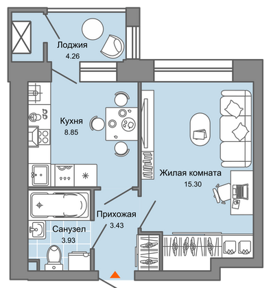 34 м², 1-комн. квартира, 1/4 этаж