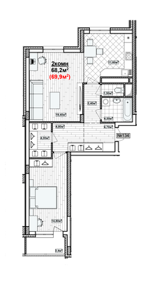 Продажа 2-комнатной квартиры 69,9 м², 1/19 этаж