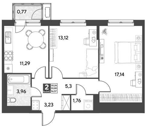 Продажа 2-комнатной квартиры 56,6 м², 21/21 этаж